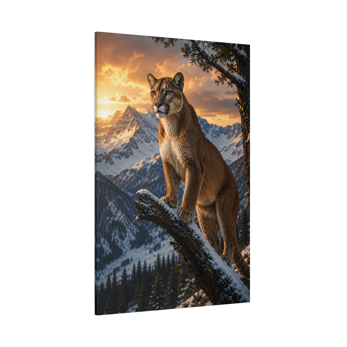 Cougar at Sunset Wrapped Canvas Wall Art – Majestic Snowy Mountain Wildlife Print - ART OF ROYALS