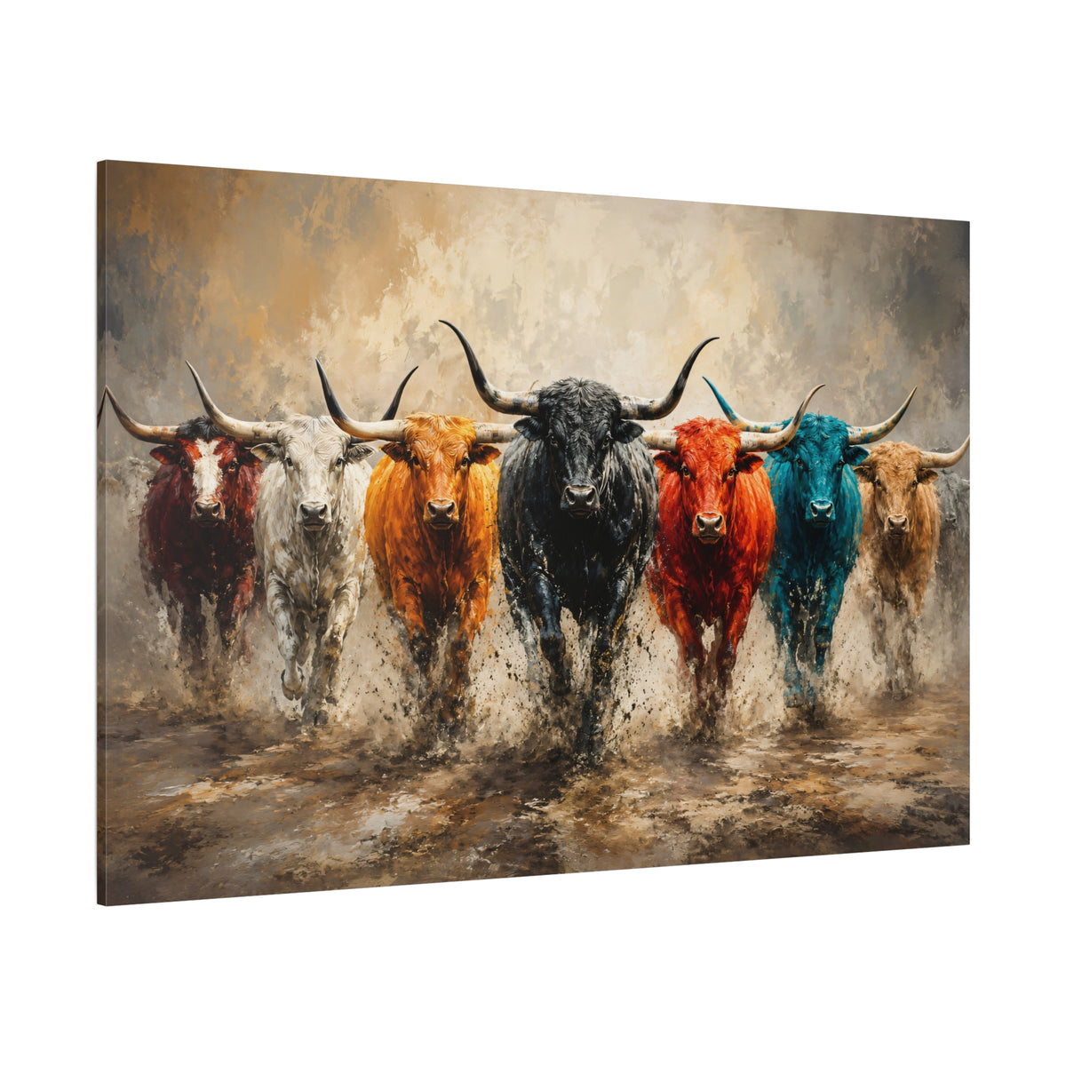 Colorful Longhorn Herd Wrapped Canvas Wall Art – Bold Pop-Art Western Painting Print - ART OF ROYALS