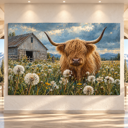 Highland Cow in Dandelion Meadow Wrapped Canvas Wall Art – Rustic Farmhouse Cattle & Barn Painting