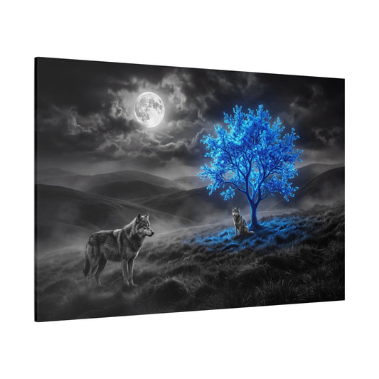 Moonlit Guardians – Wolves and Glowing Blue Tree Canvas Wall Art