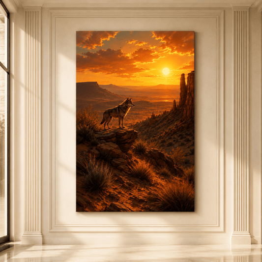 Coyote Overlooking Desert Canyon at Sunset Wrapped Canvas Wall Art – Southwestern Wildlife Landscape Print - ART OF ROYALS