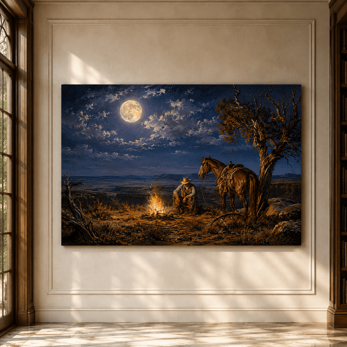 Cowboy and Horse by Campfire Under Full Moon Wrapped Canvas Wall Art – Western Night Landscape Print - ART OF ROYALS