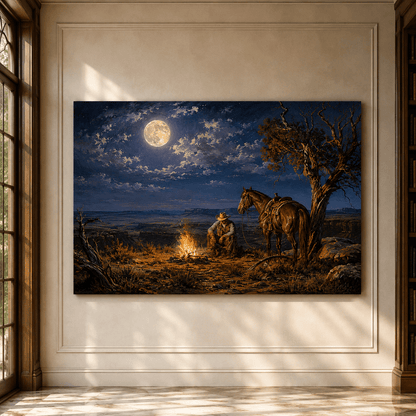 Cowboy and Horse by Campfire Under Full Moon Wrapped Canvas Wall Art – Western Night Landscape Print - ART OF ROYALS