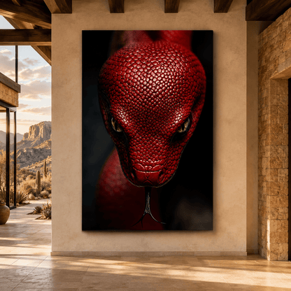 Red Snake Close-Up Wrapped Canvas Wall Art – Crimson Serpent Reptile Portrait - ART OF ROYALS