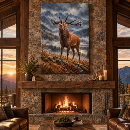 Bugling Bull Elk in Mountain Wilderness Wrapped Canvas Wall Art – Dramatic Stag Wildlife Painting