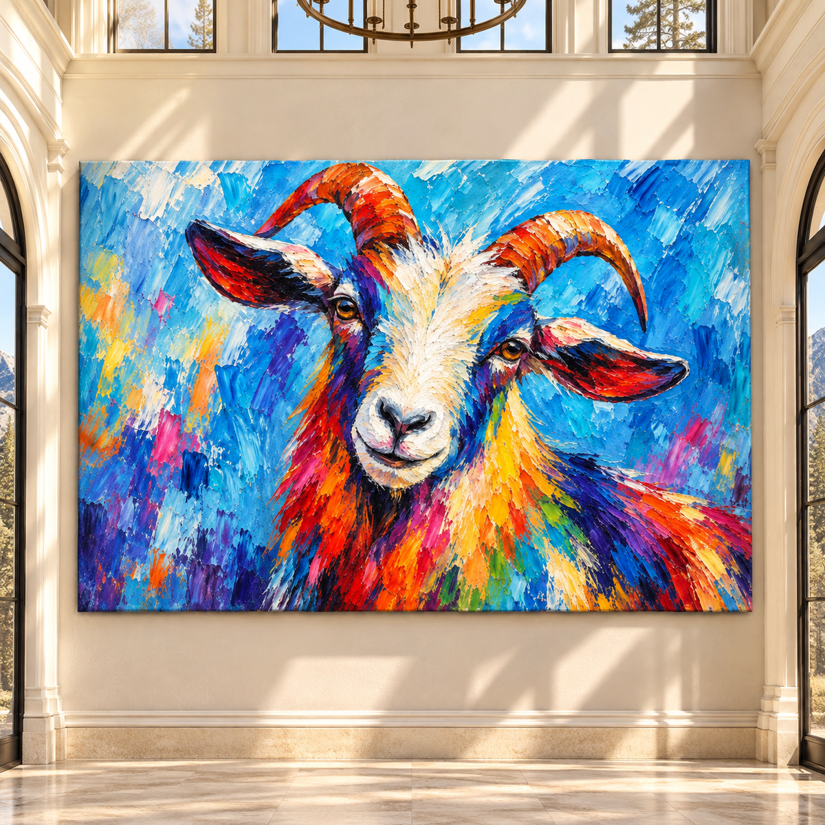 Colorful Goat Portrait Wrapped Canvas Wall Art – Vibrant Farm Animal Painting - ART OF ROYALS