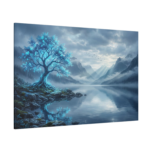 Ethereal Glow – Mystical Blue Tree by the Lake Canvas Wall Art