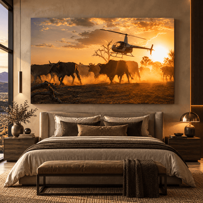 Helicopter Cattle Mustering at Sunset Wrapped Canvas Wall Art – Dusty Ranch Herd Print - ART OF ROYALS