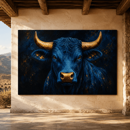 Royal Blue Bull with Gold Horns Wrapped Canvas Wall Art – Luxury Western Cattle Print - ART OF ROYALS