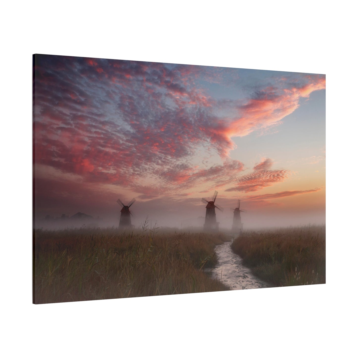 Windmills Over Tranquil River and Field