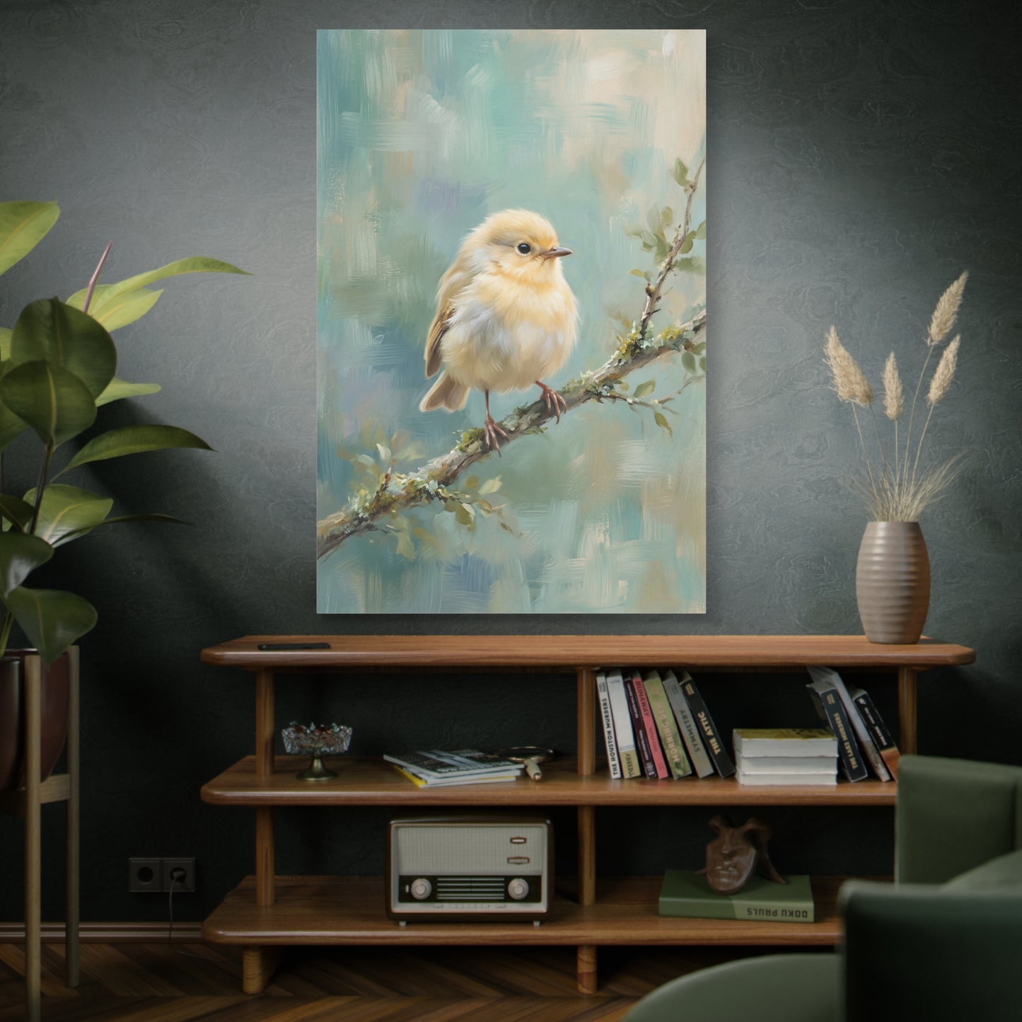 Soft Serenity – Fluffy Baby Bird on Branch Canvas Wall Art