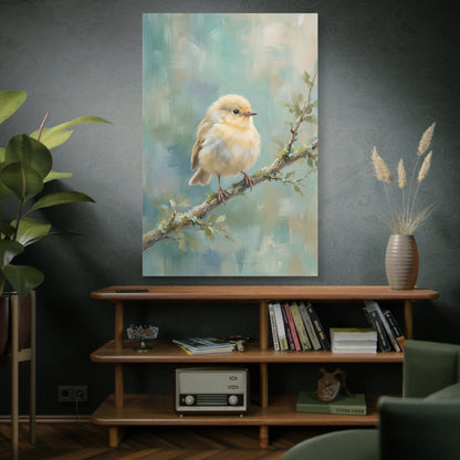 Soft Serenity – Fluffy Baby Bird on Branch Canvas Wall Art