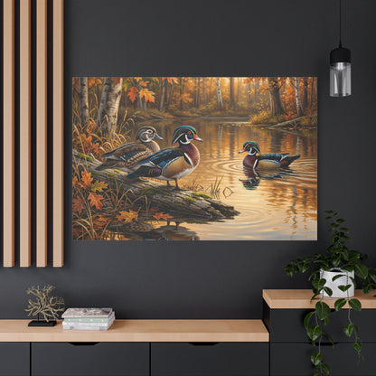 Wood Ducks in Autumn Pond – Serene Nature Wildlife Canvas Wall Art