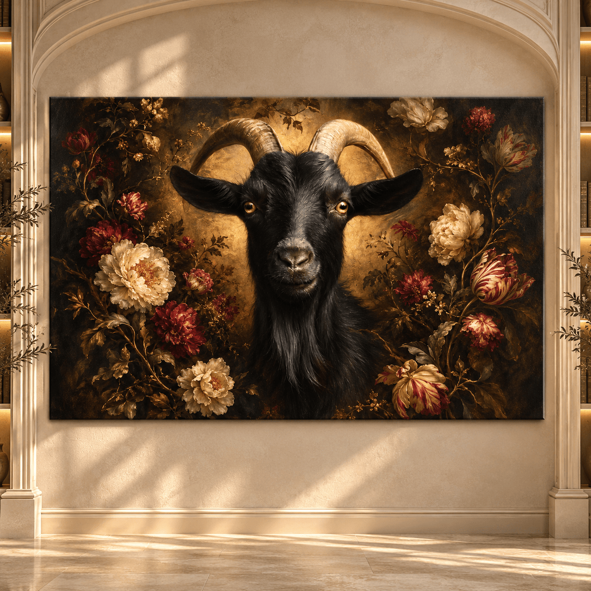 Black Goat & Moody Floral Wrapped Canvas Wall Art – Dark Farmhouse Animal Portrait - ART OF ROYALS