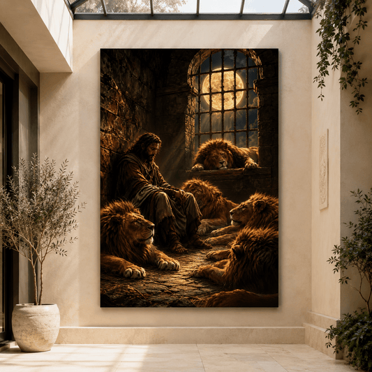 Daniel in the Lions’ Den Wrapped Canvas Wall Art – Biblical Lion Christian Faith Painting - ART OF ROYALS