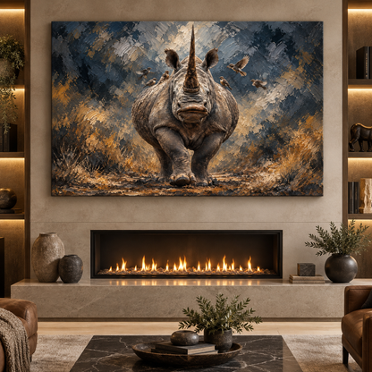White Rhinoceros & Oxpecker Birds Wrapped Canvas Wall Art – Dramatic African Wildlife Painting