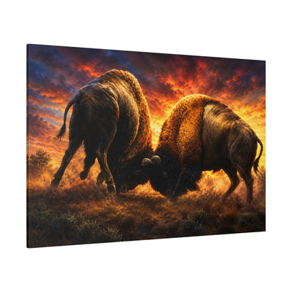 Bison Battle at Sunset Wrapped Canvas Wall Art – Epic Dueling Wildlife Photography Print - ART OF ROYALS