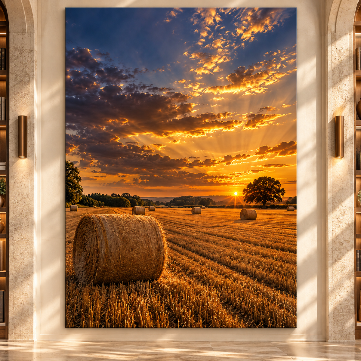Golden Hay Field at Sunset Wrapped Canvas Wall Art – Rustic Farmhouse Harvest Landscape Print