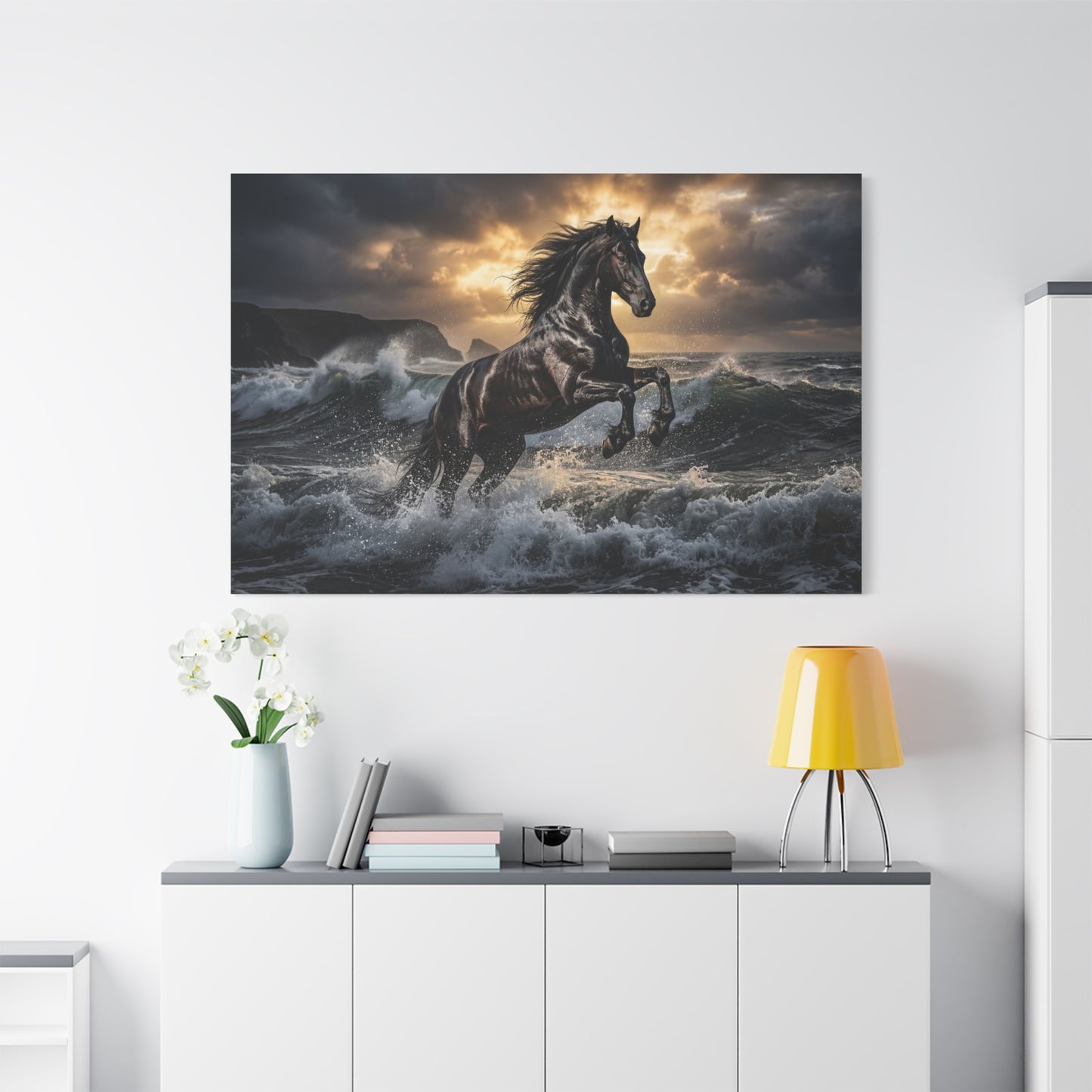 Black Stallion in Ocean Waves – Majestic Power Canvas Wall Art