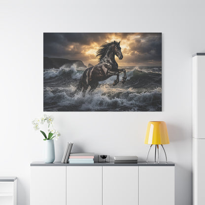 Black Stallion in Ocean Waves – Majestic Power Canvas Wall Art