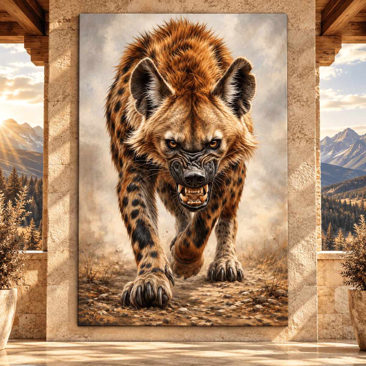 Charging Spotted Hyena Wrapped Canvas Wall Art – Fierce African Wildlife Portrait Print - ART OF ROYALS