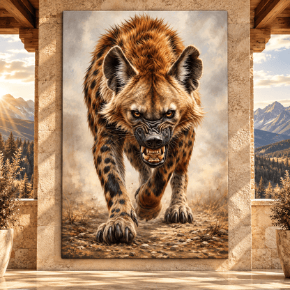 Charging Spotted Hyena Wrapped Canvas Wall Art – Fierce African Wildlife Portrait Print - ART OF ROYALS
