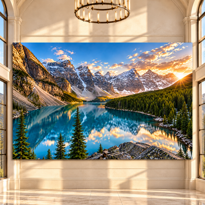 Turquoise Alpine Lake at Golden Sunrise Wrapped Canvas Wall Art – Snow-Capped Mountain & Evergreen Forest Landscape Print