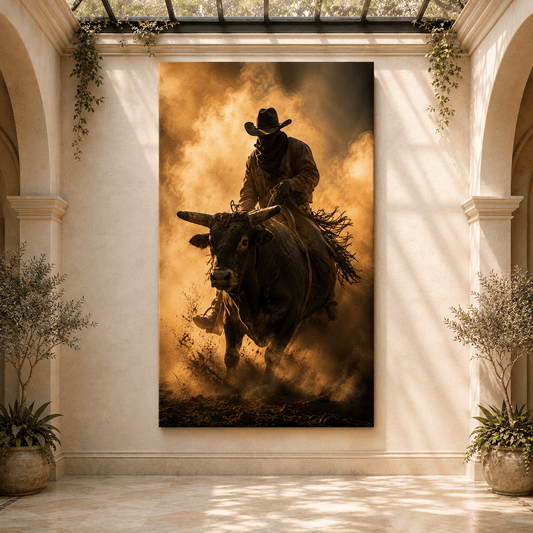 Bull Rider in Dust Wrapped Canvas Wall Art – Dramatic Western Rodeo Cowboy Print - ART OF ROYALS