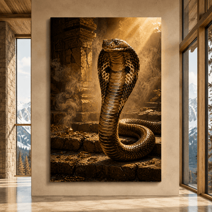 Temple Guardian Cobra Wrapped Canvas Wall Art – Mystical Golden Treasure Print - ART OF ROYALS