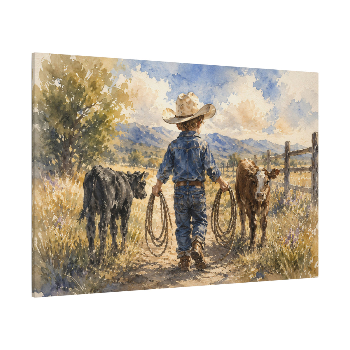 Little Wrangler – Cowboy Boy and Calves Watercolor Canvas Wall Art - ART OF ROYALS