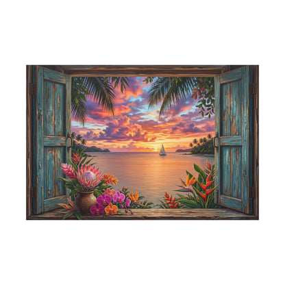 Tropical Sunset Through Rustic Window – Ocean Paradise Canvas Wall Art