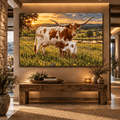 Texas Longhorn Cow and Calf at Sunset Wrapped Canvas Wall Art – Rustic Ranch Cattle Print