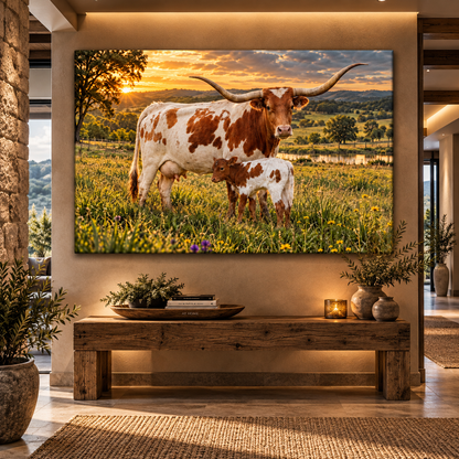 Texas Longhorn Cow and Calf at Sunset Wrapped Canvas Wall Art – Rustic Ranch Cattle Print