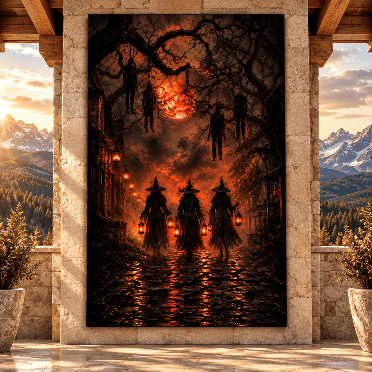 Three Witches Beneath a Blood Moon Wrapped Canvas Wall Art – Dark Halloween Witch Procession Print - ART OF ROYALS