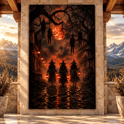 Three Witches Beneath a Blood Moon Wrapped Canvas Wall Art – Dark Halloween Witch Procession Print - ART OF ROYALS