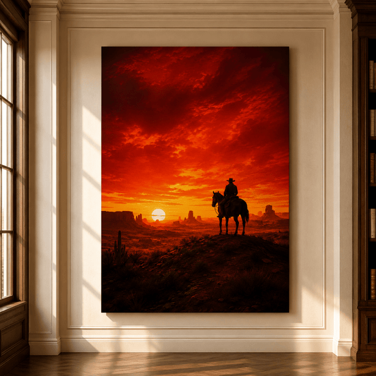 Lone Cowboy at Fiery Red Sunset Wrapped Canvas Wall Art – Western Horse & Desert Landscape Print - ART OF ROYALS