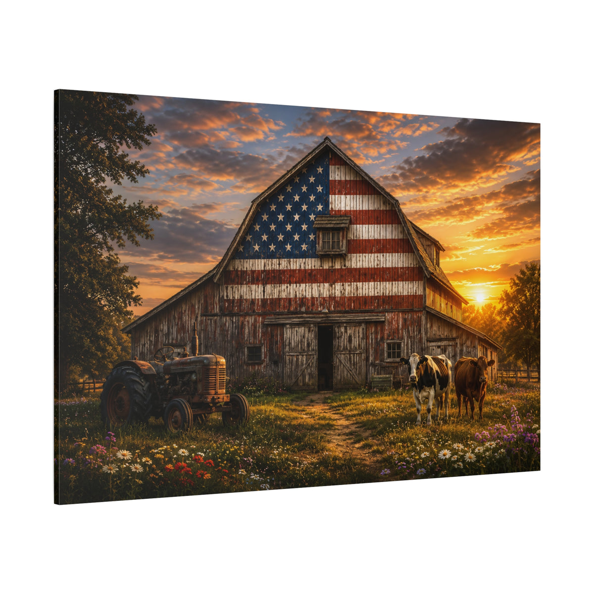 Patriotic American Flag Barn Wrapped Canvas Wall Art – Rustic Farmhouse Sunset Print - ART OF ROYALS