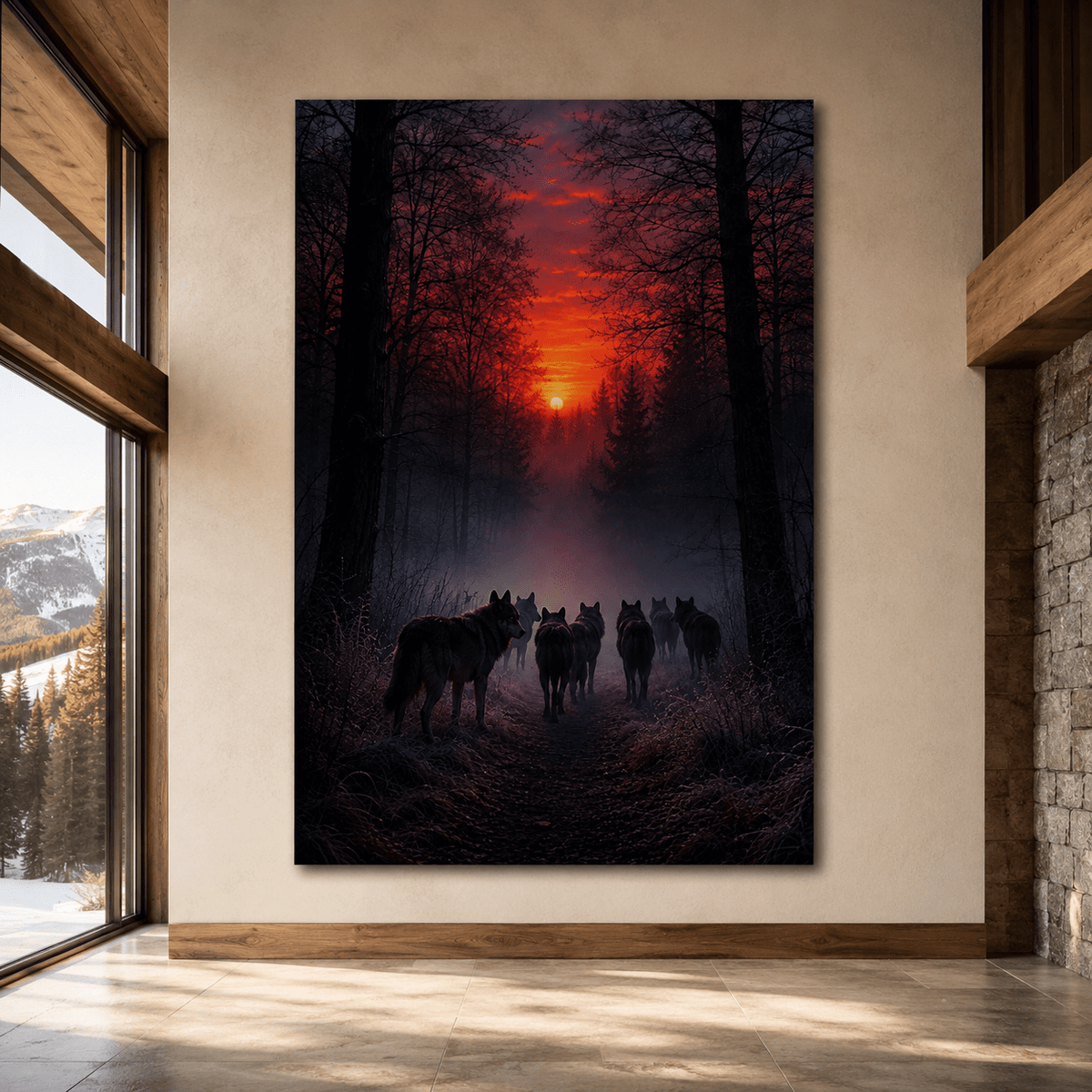 Wolf Pack at Red Sunset Wrapped Canvas Wall Art – Dark Forest Wildlife Print - ART OF ROYALS