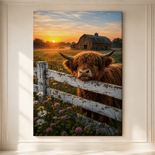 Highland Cow at Sunset Wrapped Canvas Wall Art – Rustic Farmhouse Cattle & Red Barn Print - ART OF ROYALS