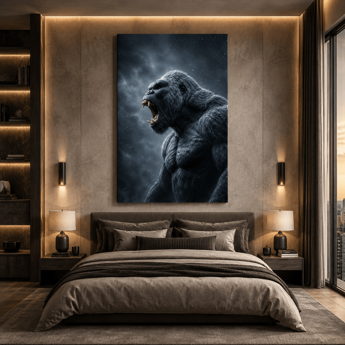 Roaring Silverback Gorilla Wrapped Canvas Wall Art – Powerful Dark Primate Wildlife Portrait - ART OF ROYALS