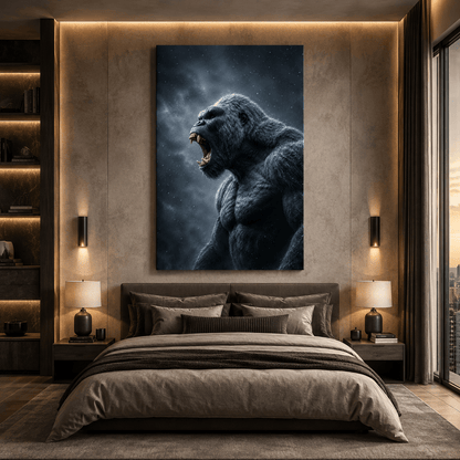 Roaring Silverback Gorilla Wrapped Canvas Wall Art – Powerful Dark Primate Wildlife Portrait - ART OF ROYALS