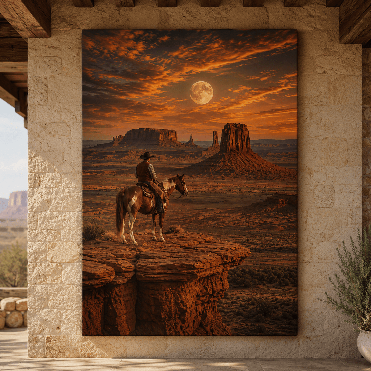 Cowboy Overlooking Monument Valley Wrapped Canvas Wall Art – Western Horseback Desert Sunset Print - ART OF ROYALS