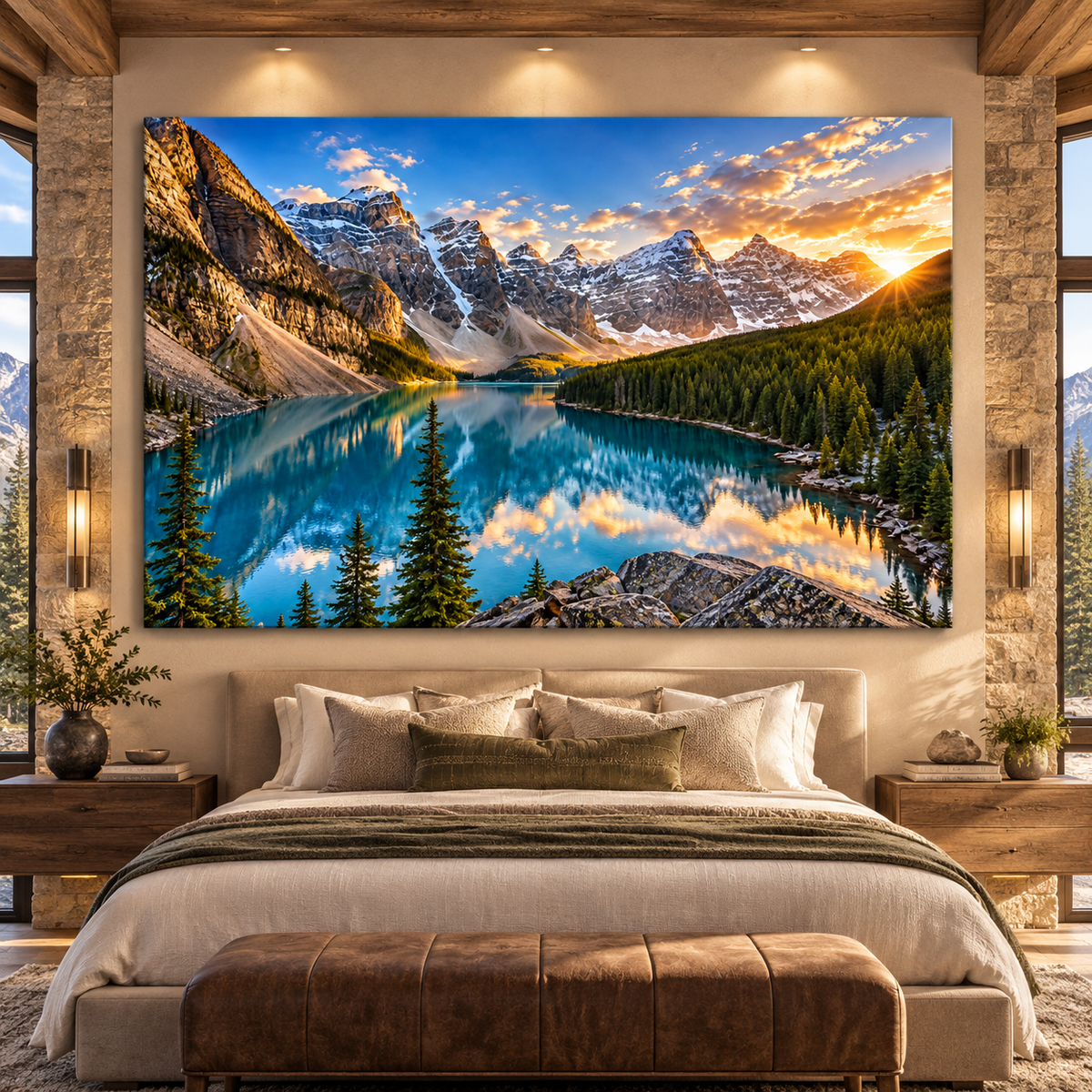 Turquoise Alpine Lake at Golden Sunrise Wrapped Canvas Wall Art – Snow-Capped Mountain & Evergreen Forest Landscape Print