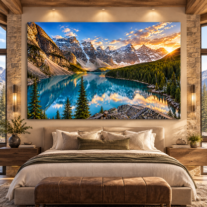 Turquoise Alpine Lake at Golden Sunrise Wrapped Canvas Wall Art – Snow-Capped Mountain & Evergreen Forest Landscape Print
