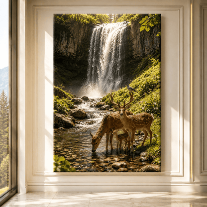 Deer Family by Waterfall Wrapped Canvas Wall Art – Buck Doe and Fawn Forest Wildlife Print - ART OF ROYALS