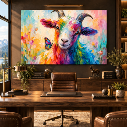 Colorful Goat & Butterfly Wrapped Canvas Wall Art – Whimsical Farmhouse Animal Painting