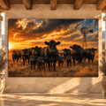 Black Angus Cattle Herd at Sunset Wrapped Canvas Wall Art – Western Ranch Windmill Landscape