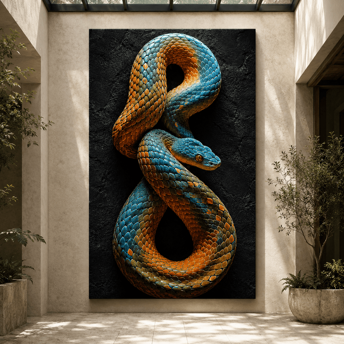 Turquoise and Orange Coiled Snake Wrapped Canvas Wall Art – Colorful Reptile Wildlife Print - ART OF ROYALS