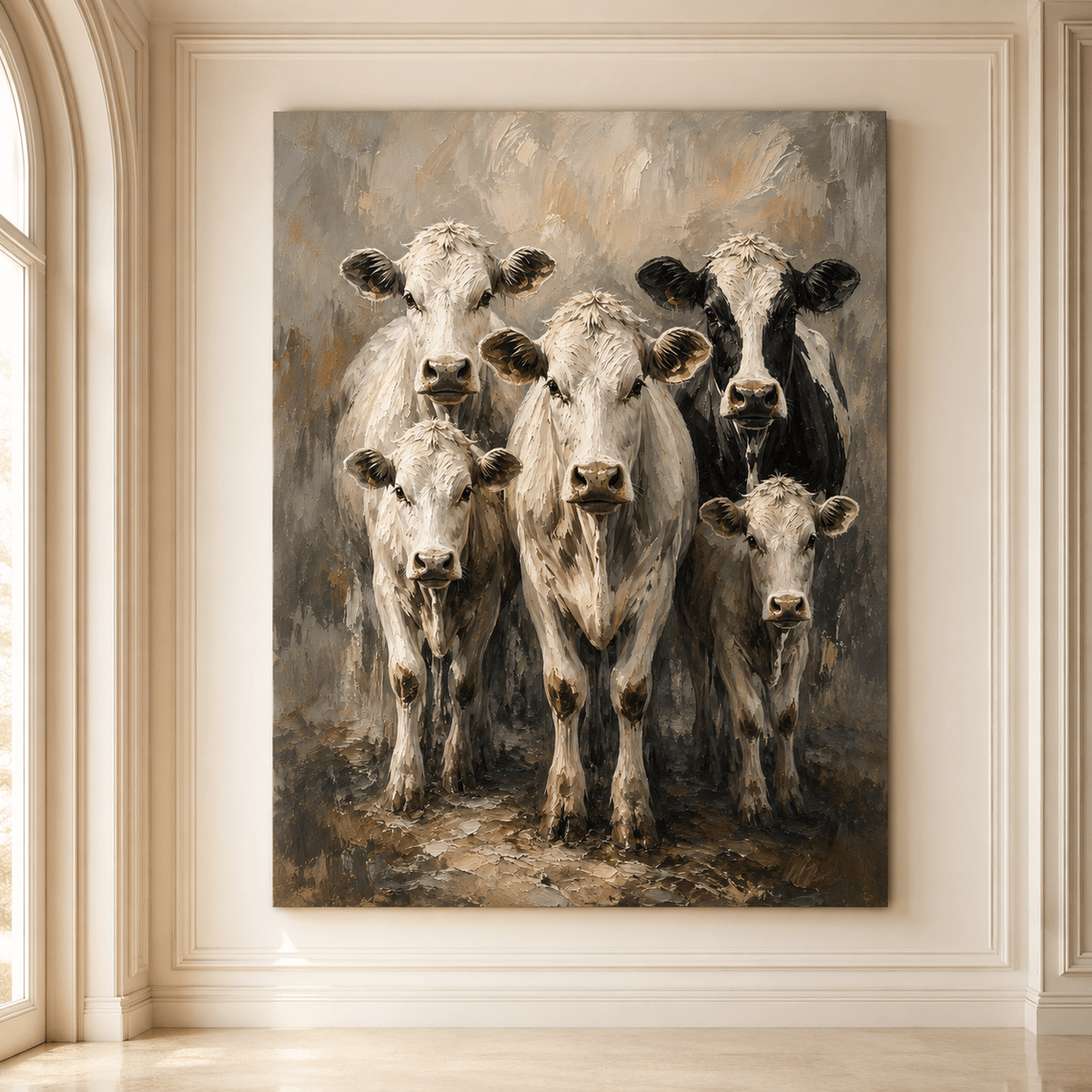 Five White Cows Wrapped Canvas Wall Art – Rustic Farmhouse Cattle Herd Painting Print - ART OF ROYALS