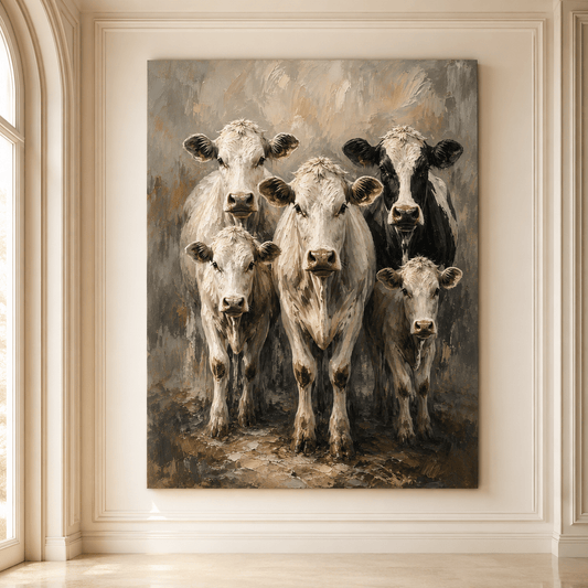 Five White Cows Wrapped Canvas Wall Art – Rustic Farmhouse Cattle Herd Painting Print - ART OF ROYALS